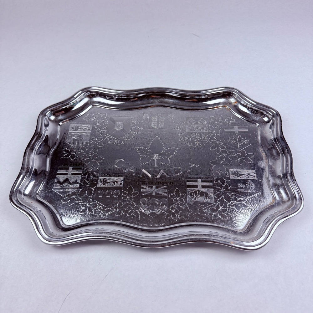 Vintage Elbro Canada Provinces Etched Chrome Souvenir‎ Tray Made in England